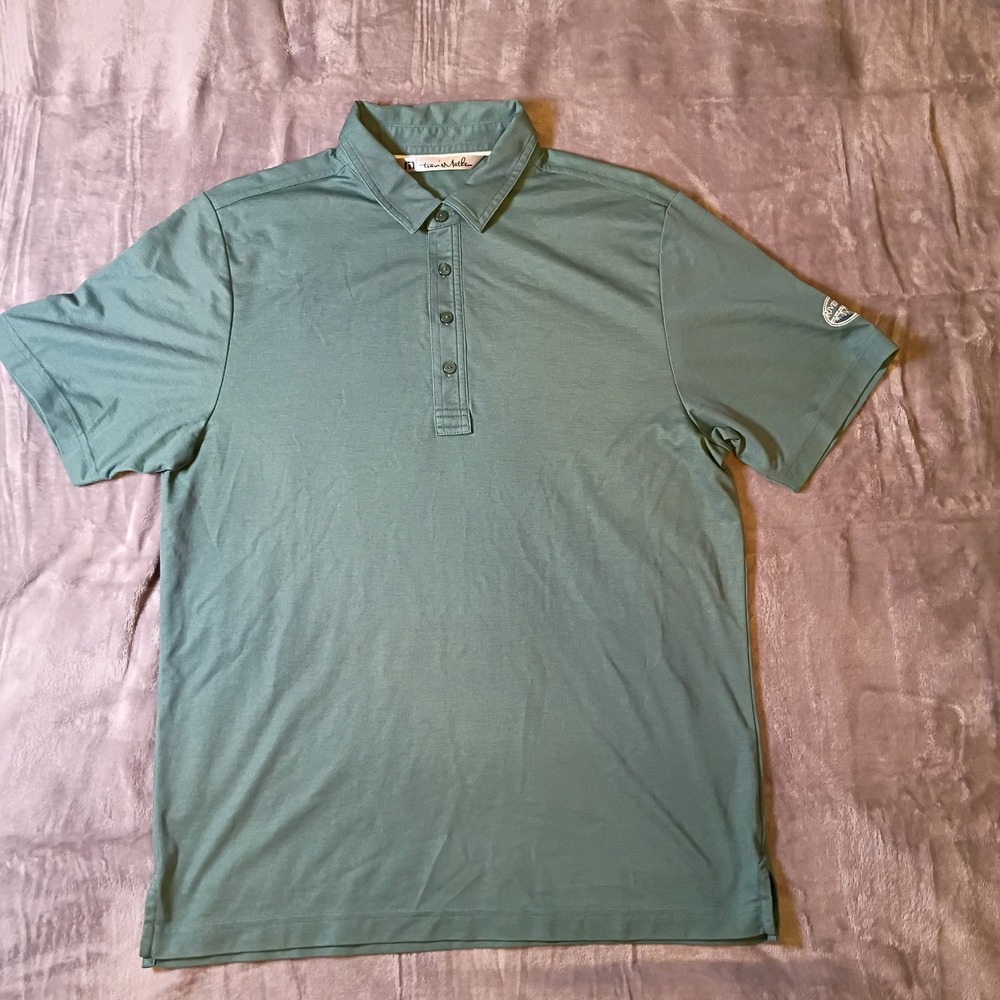 Travis Mathew Mens Polo Shirt Medium Sage Green Short Sleeve Riverside Golf Logo